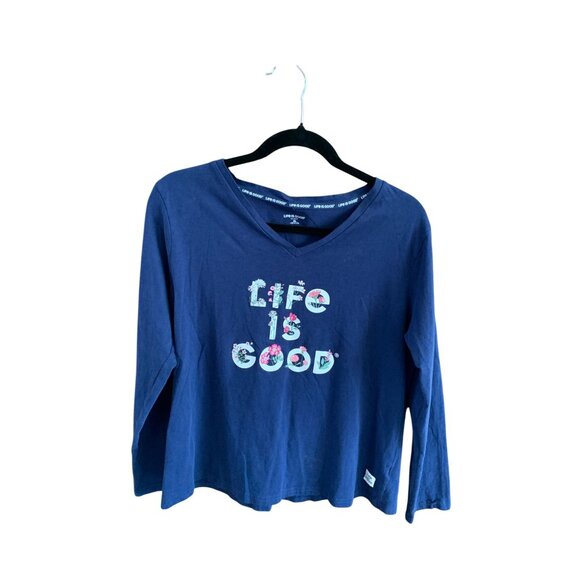 Life Is Good Tops - Life Is Good Women Size XL Long Sleeve Tshirt Tee Shirt Floral VNeck Navy Blue